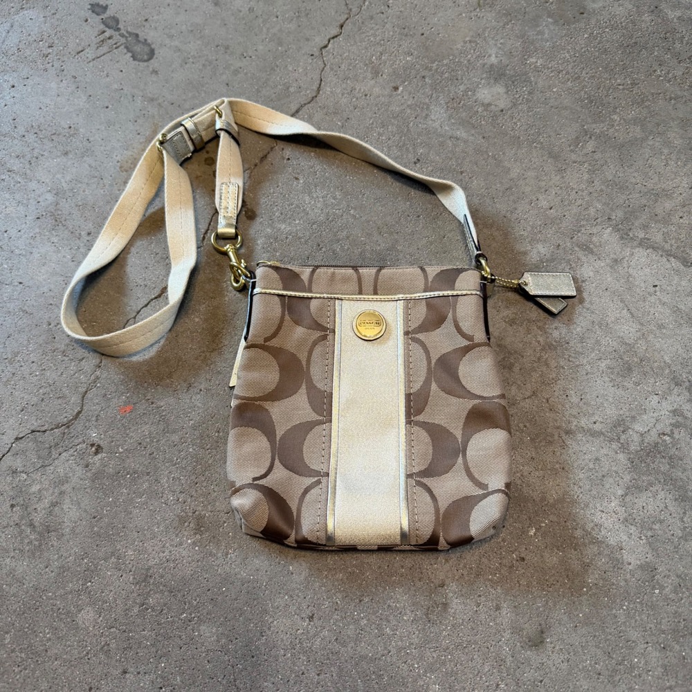 Coach Crossbody Bag Women Small Khaki Brown Signature Jacquard Metallic Stripe
